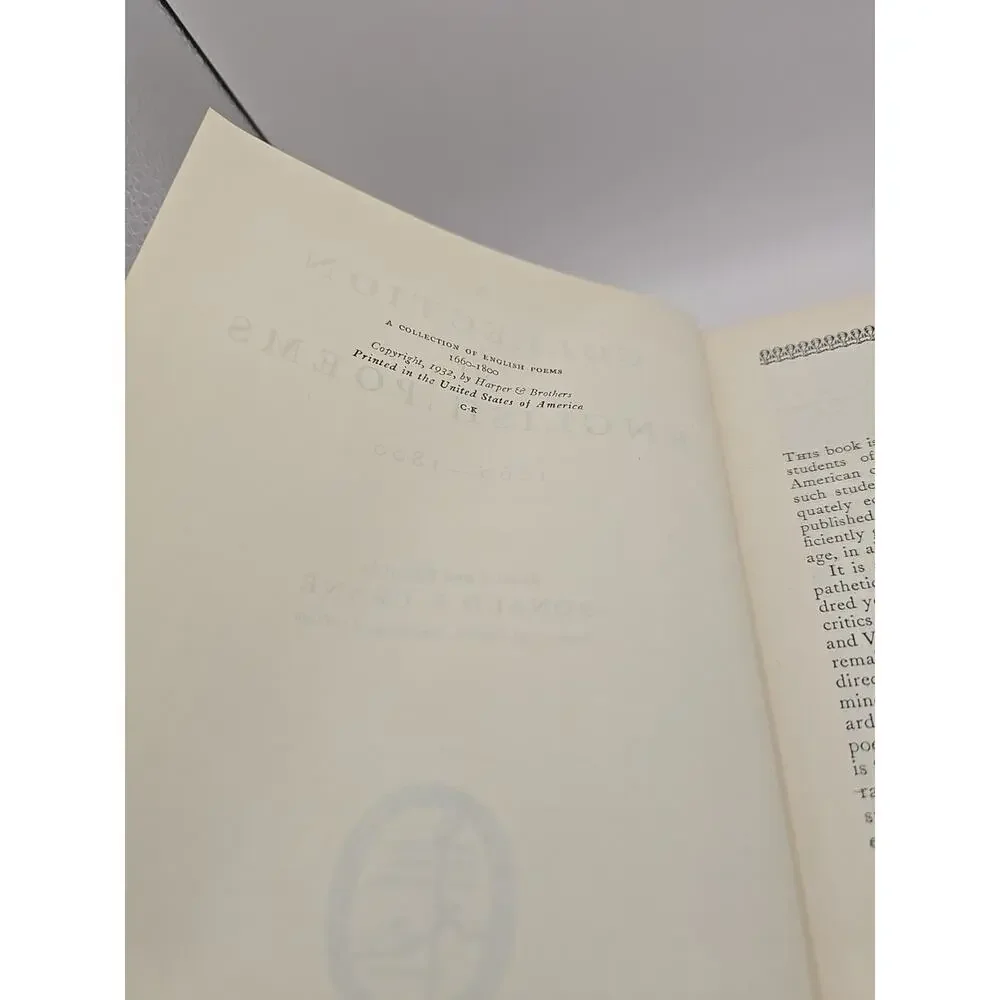 A Collection Of English Poems 1660-1800 HC Book by‎ Ronald S. Crane (1932) EC